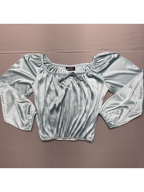 Vintage Sue Brett Women Blue Satin Blouse Long Sleeve Tie Neck Pleated Top S